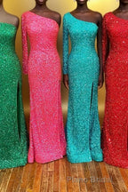 One Shoulder Long Sleeve Mermaid Sequin Long Dresses