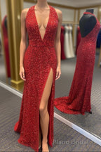 Simply Red Sequin Mermaid Long Formal Prom Dresses with Slit