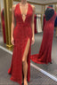 Simply Red Sequin Mermaid Long Formal Prom Dresses with Slit