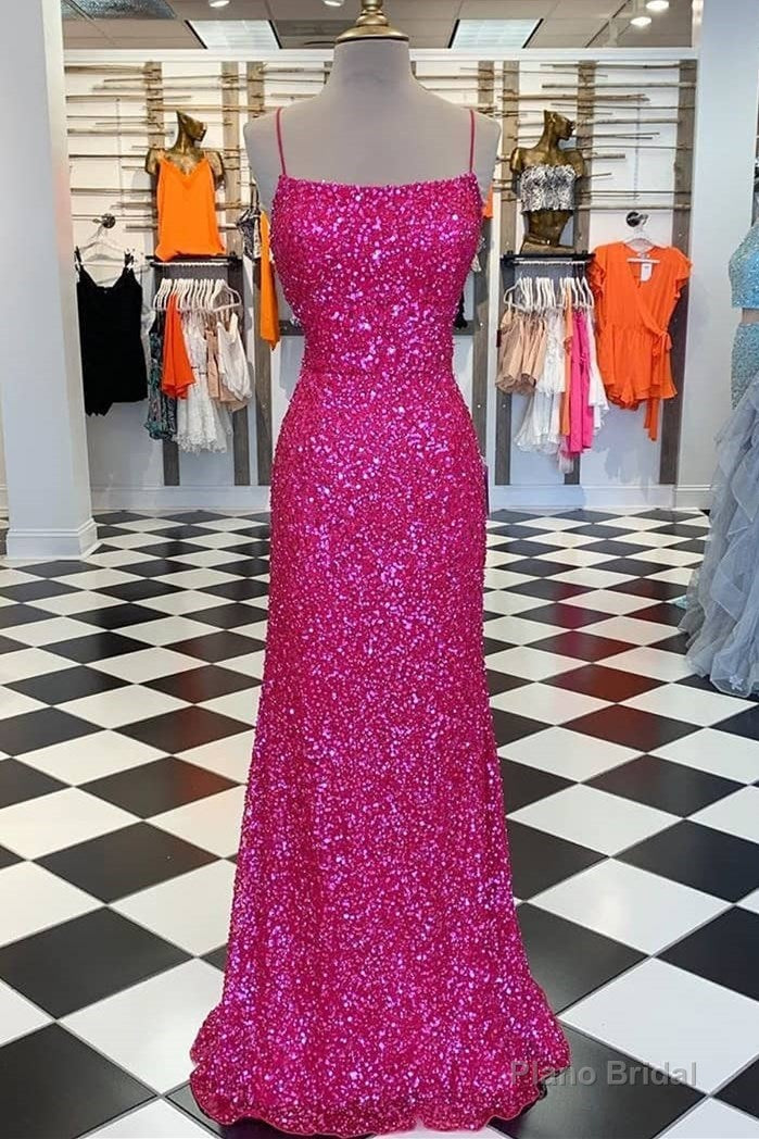 Neon Pink Sequin Mermaid Long Formal Dress Main image