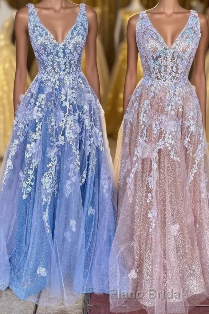 A-line Appliques Tulle Long Prom Dresses