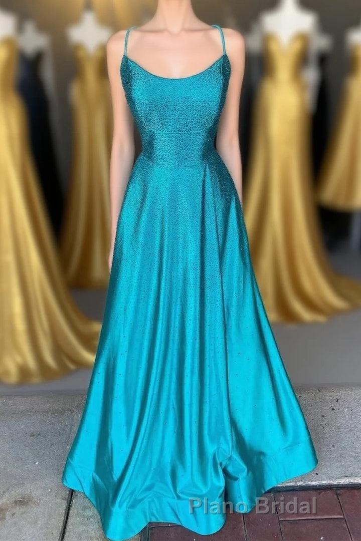 Spaghetti Straps Beaded Teal Blue A-line Long Prom Dresses Main image
