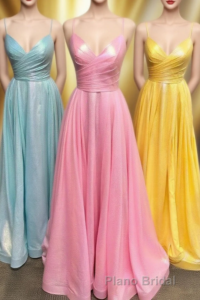 Simple A-line Pleated Spaghetti Straps Long Formal Prom Dresses