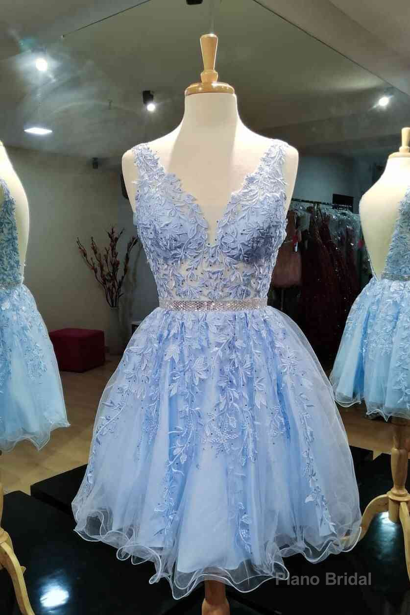 Blue Sleeveless Rolled Lace V-Neck Short Prom Dresses, Homecoming Dresses Main image