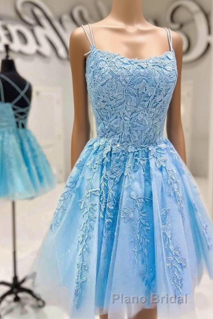 Blue A-line Spaghetti Straps Lace Short Formal Prom Dresses, Homecoming Dresses