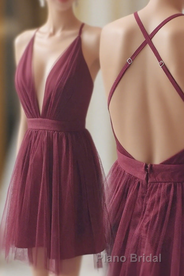 Deep V-neck Spaghetti Straps Sleeveless Tulle Short Formal Prom Dresses, Homecoming Dresses