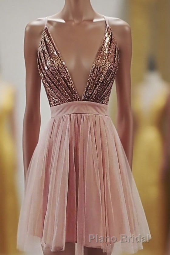 Deep V-neck Spaghetti Straps Sleeveless Sequins Short Formal Prom Dresses, Homecoming Dresses