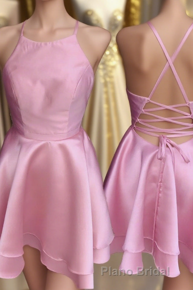 Candy Pink Spaghetti Straps Sleeveless Stain Short Formal Prom Dresses, Homecoming Dresses Main image