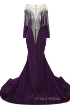 Deep V-neck Shiny Royal Blue Long sleeves Mermaid Formal Prom Dress