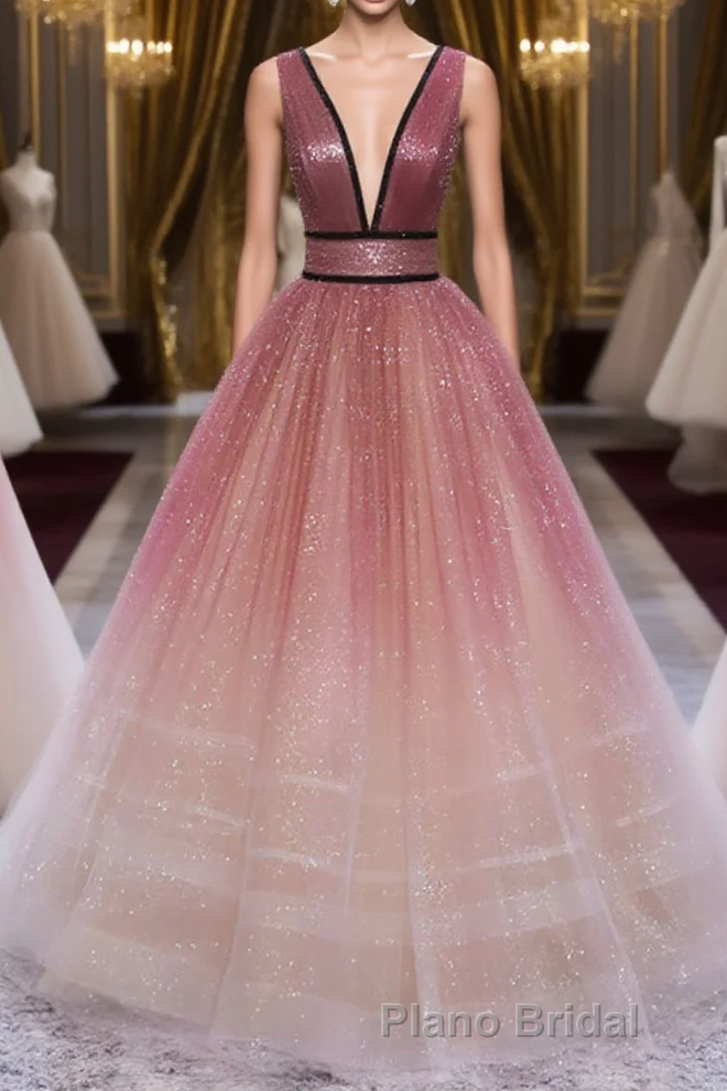 Glitter A-Line V Neck Tulle Long Formal Prom Dresses Tulle Long Formal Party Dresses Main image