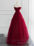 Burgundy A-line Off Shoulder Tulle Shiny Long Formal Prom Dresses