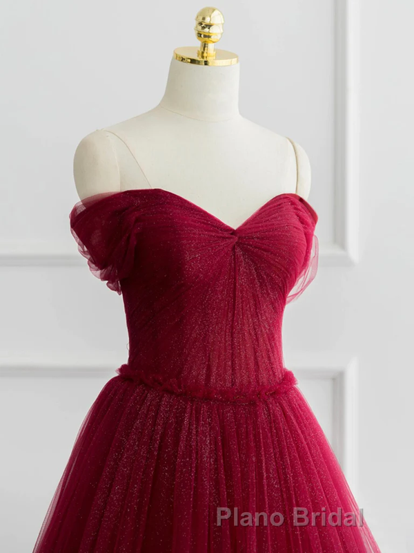 Burgundy A-line Off Shoulder Tulle Shiny Long Formal Prom Dresses