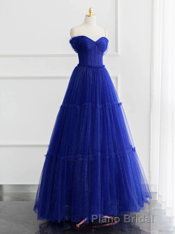 Burgundy A-line Off Shoulder Tulle Shiny Long Formal Prom Dresses