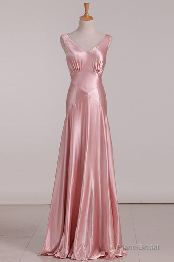 Pink V Neck Satin Backless Long Party Dress Bridesmaid Dress Main image