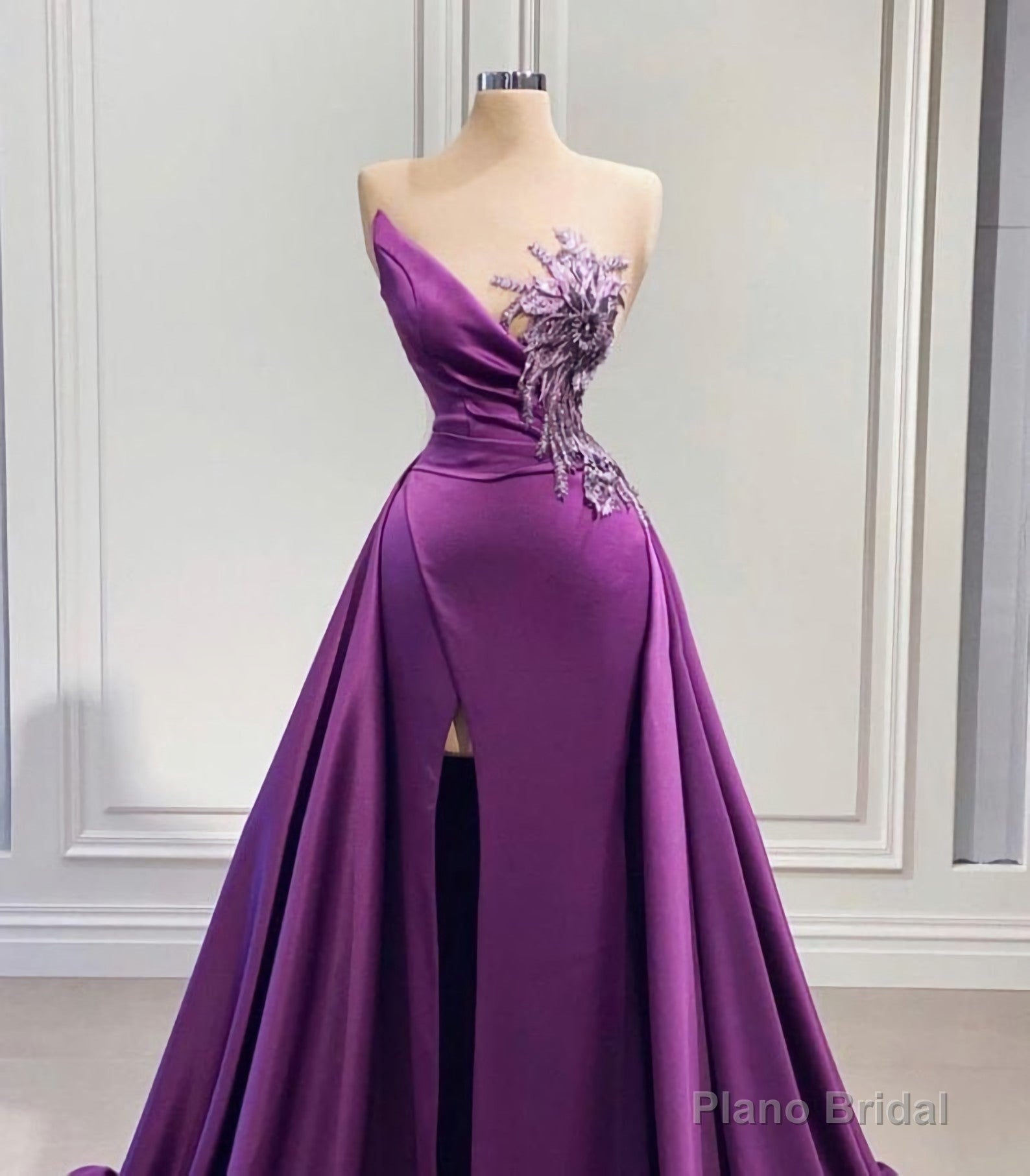 Purple Mermaid Dress With High Slit Detachable Train Wedding Reception Dress, Satin Lace Wedding Dress, African Prom Dress, Evening Dress Secondary image