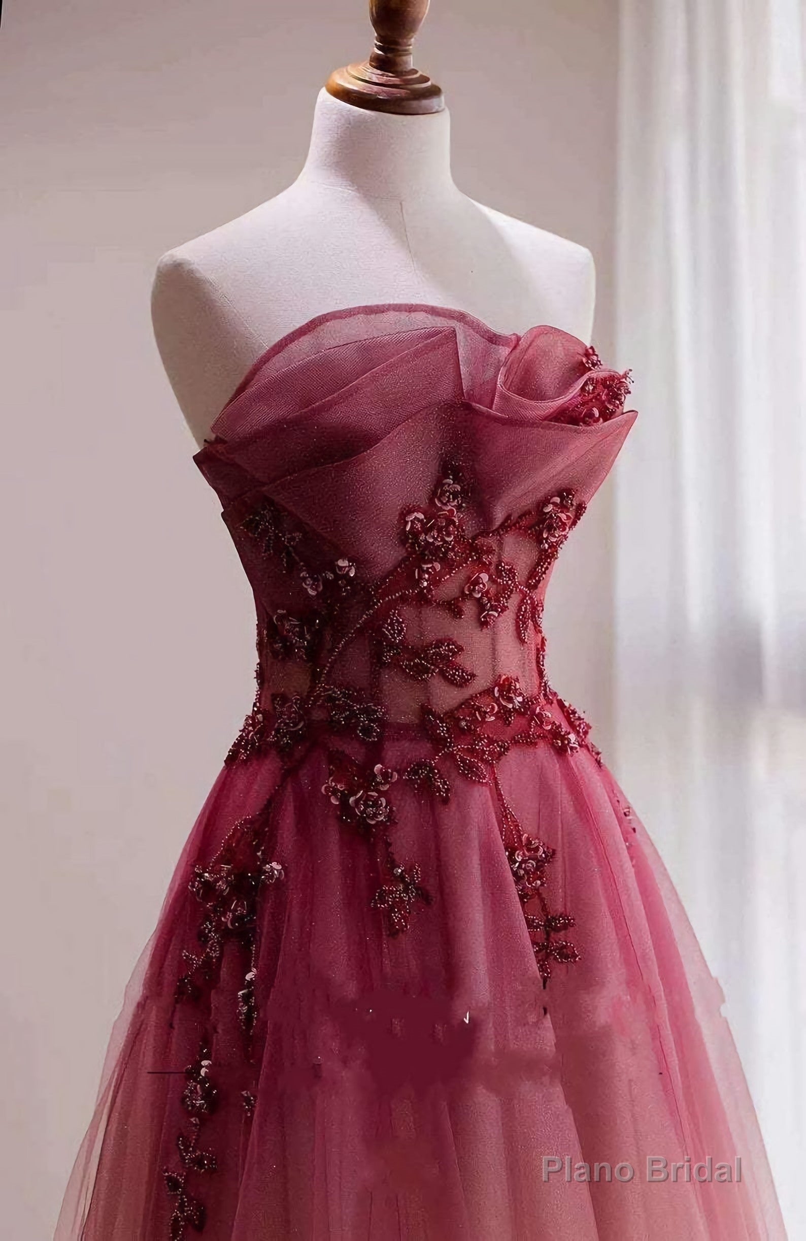 Red Gradient Prom Dress, Vintage Wedding Dress, Red Strapless Party Dress With Beaded Bridal Dress, Red Ombre Evening Dress, Aline Formal Dress Secondary image