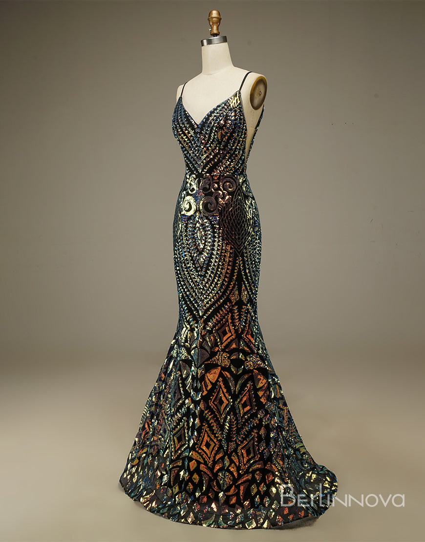 Mermaid Glitter Spaghetti Straps V Neck Long Prom Dress Secondary image