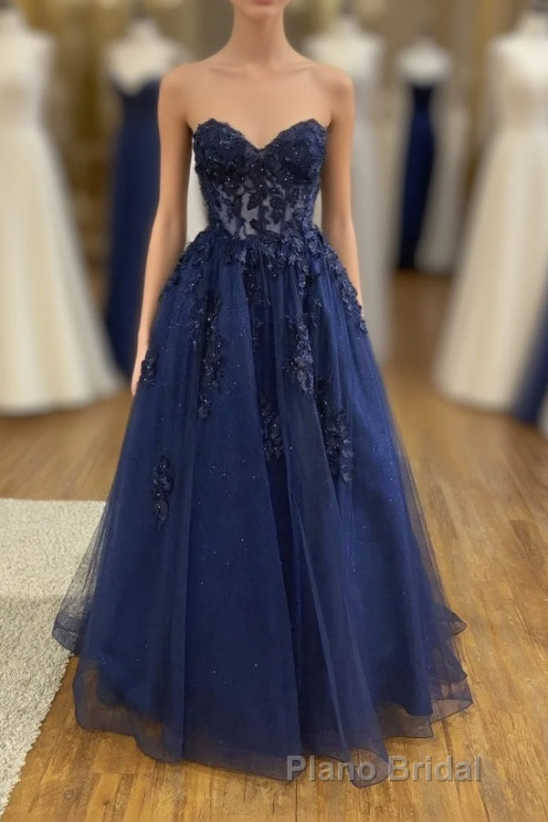 Dark Navy Long A-line Tulle Lace Backless Formal Prom Dresses Main image