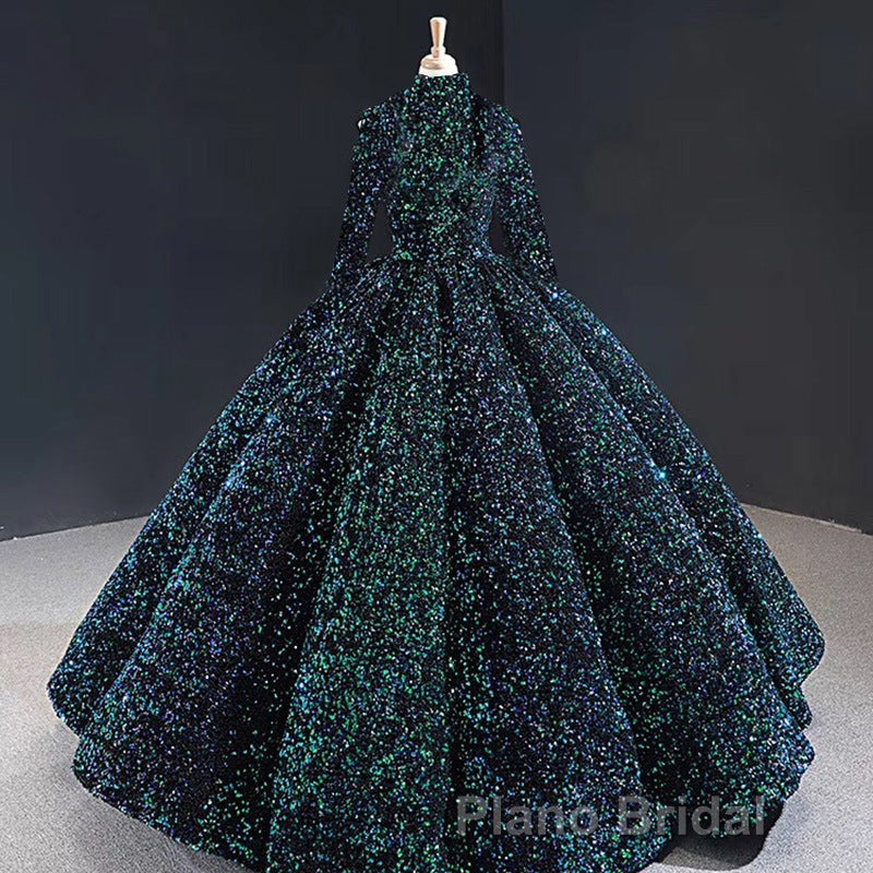 Glitter High Neck Open Back Lace Up Ball Gown Formal Prom Dresses