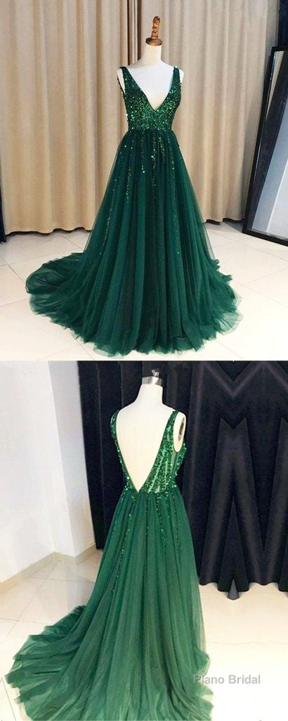 Hunter Green V-neck Long Formal Tulle Low Back Prom Dress Secondary image