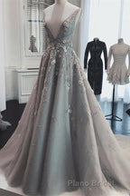 Deep V Neck Sleeveless Formal Prom Dresses Long Party Gown with Appliques