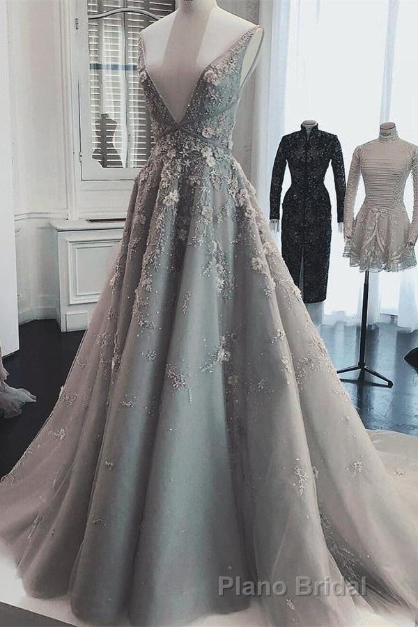 Deep V Neck Sleeveless Formal Prom Dresses Long Party Gown with Appliques