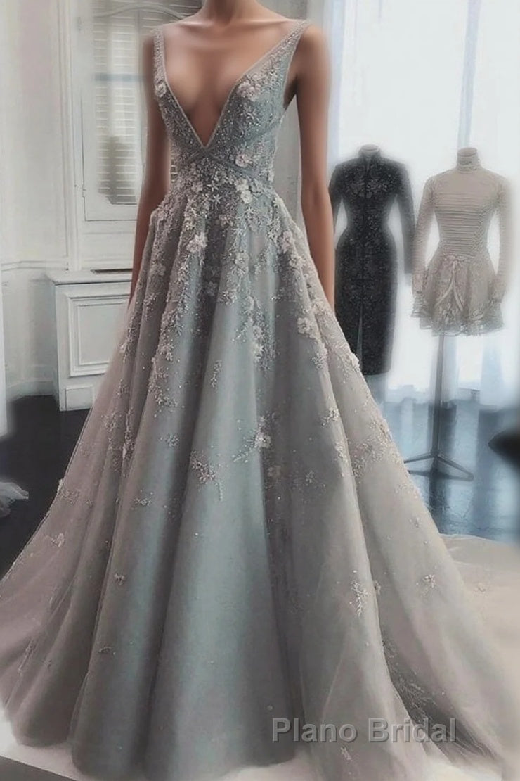 Deep V Neck Sleeveless Formal Prom Dresses Long Party Gown with Appliques Main image