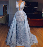 Elegant Blue Lace Sleeveless Deep V Neck Formal Prom Dresses Party Dresses