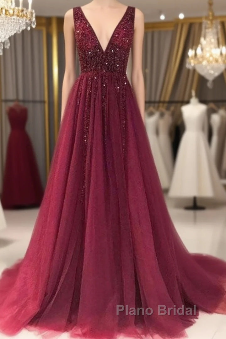 Custom Made Burgundy Tulle Lace Appliques Top Formal Prom Dresses Long Main image