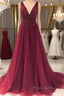 Custom Made Burgundy Tulle Lace Appliques Top Formal Prom Dresses Long