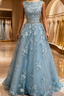 Dusty Blue A-line Backless Formal Prom Dresses Long Dusty Blue Lace Formal Dresses