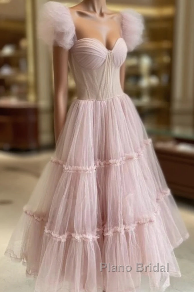 Dusty Rose Teried Tulle Tea Length Formal Prom Dresses