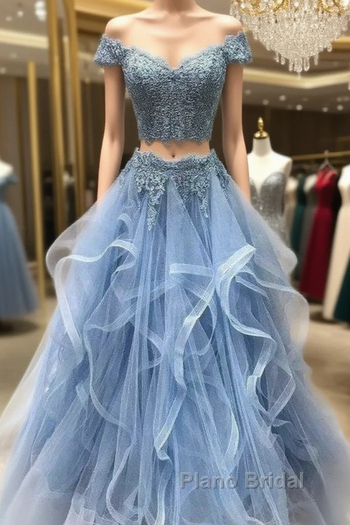 Dusty Blue Two Piece Off Shoulders Ruffles Skirt Formal Prom Dresses Main image
