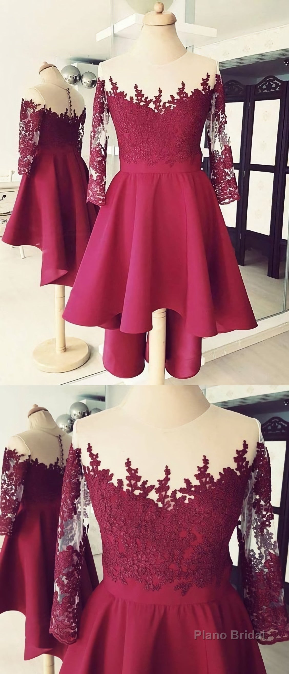 Cute High Low Lace Applique Burgundy Homecoming Dress, Short Prom Dress, E0744 Main image