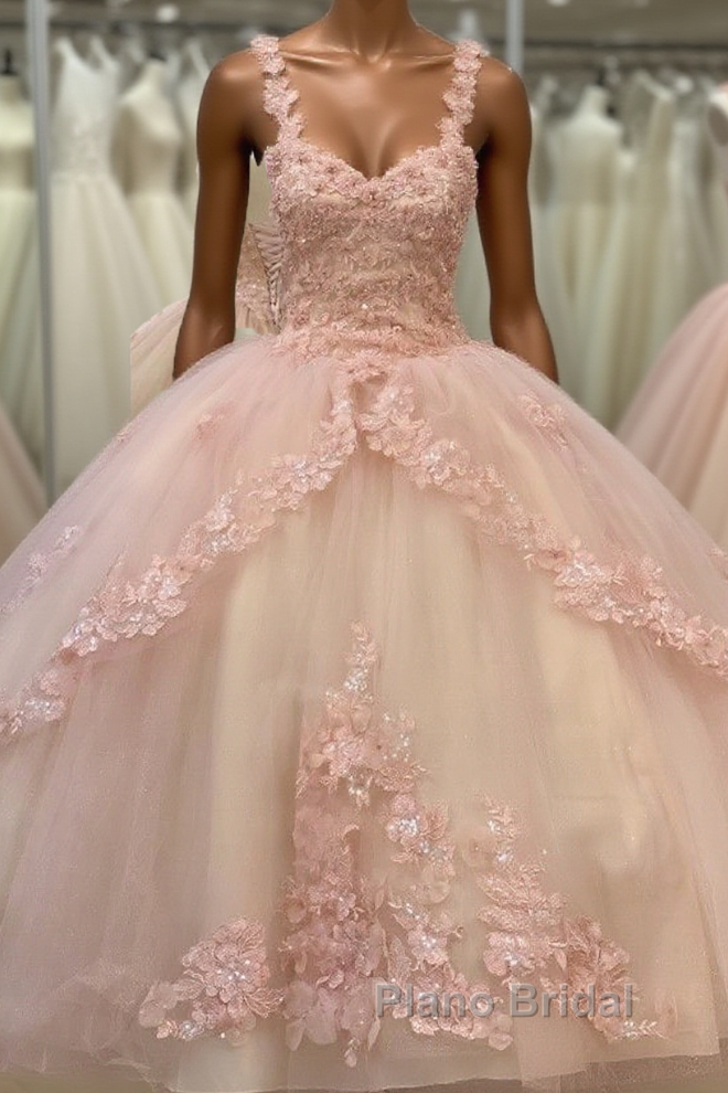 Quinceanera Sweet Tulle Ball Gown 16 Lace Pink Party Flower Sparkly Formal Prom Dresses