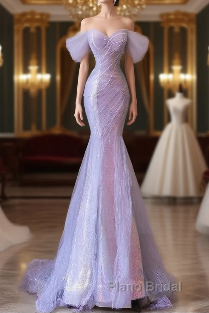 Purple Sweetheart Sequin Beaded Mermaid Long Formal Prom Dresses,Purple Tulle Train Formal Prom Gown Main image