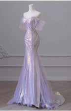 Purple Sweetheart Sequin Beaded Mermaid Long Formal Prom Dresses,Purple Tulle Train Formal Prom Gown