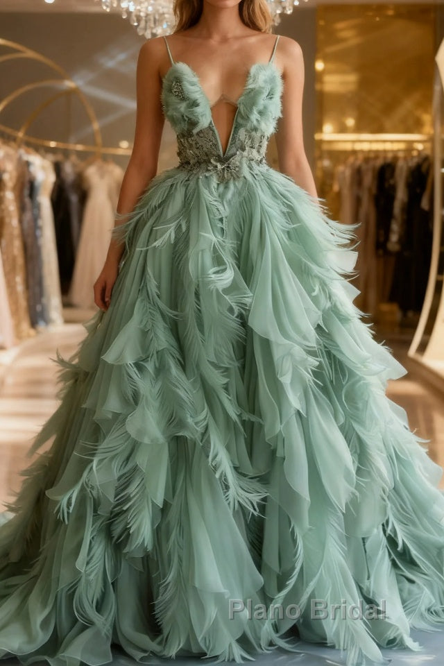 Mint Green A-line Spaghetti Strap Tulle Long Formal Prom Dresses, Elegant Evening Dresses Main image