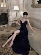 Navy Blue Spaghetti Strap A-Line V-Neck Sequined Long Prom Dress, Adult Ceremony Graduation Evening dress
