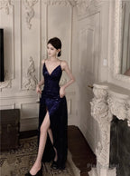 Navy Blue Spaghetti Strap A-Line V-Neck Sequined Long Prom Dress, Adult Ceremony Graduation Evening dress