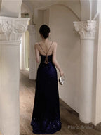 Navy Blue Spaghetti Strap A-Line V-Neck Sequined Long Prom Dress, Adult Ceremony Graduation Evening dress