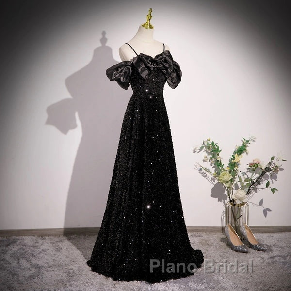 A-Line Off Shoulder Velvet Sequin Long Black Formal Prom Dresses, Black Long Evening Dresses