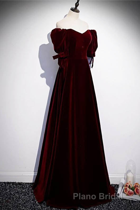 Modest Burgundy Long Formal Prom Dresses with Short Sleeves Vintage Evening Gown