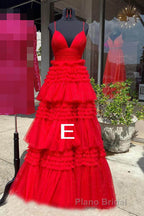 Sparkly Spaghetti Straps Tiered Tulle Formal Prom Dresses, New Long Party Gown