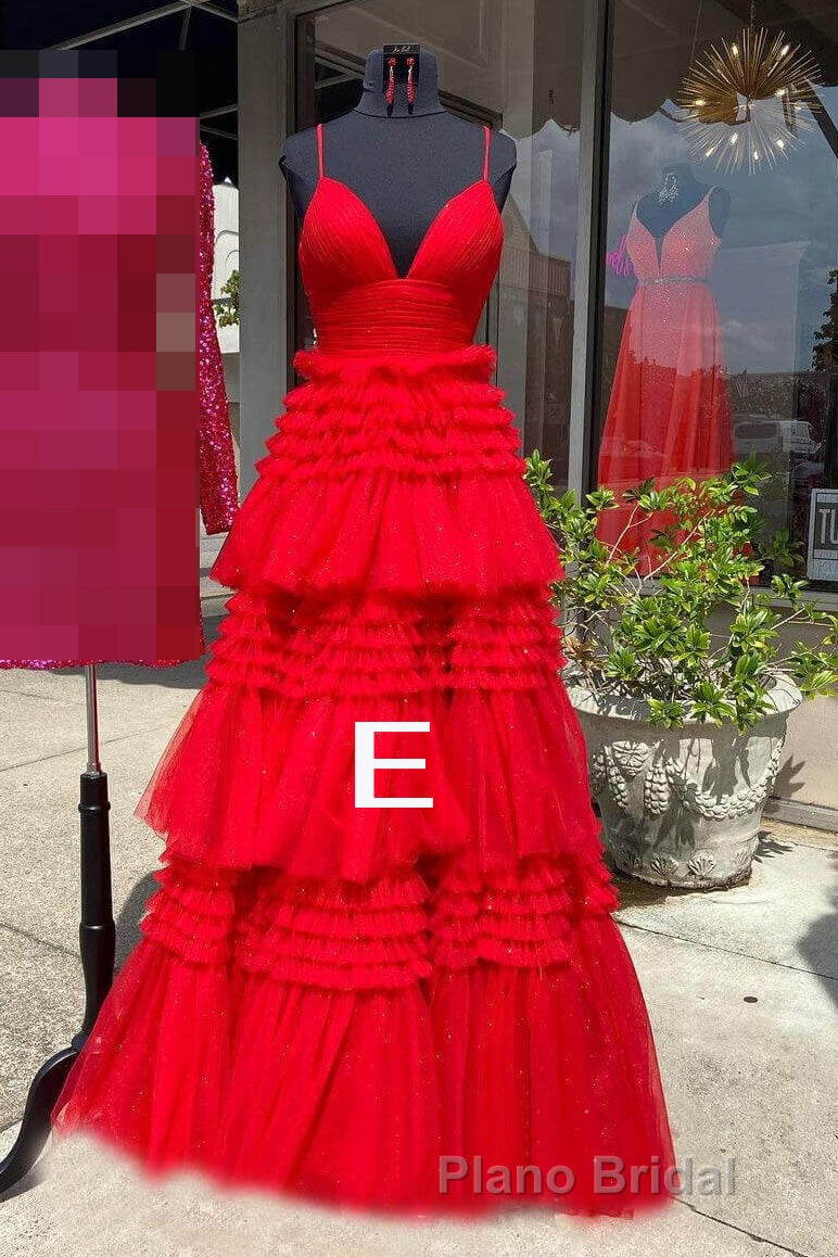 Sparkly Spaghetti Straps Tiered Tulle Formal Prom Dresses, New Long Party Gown