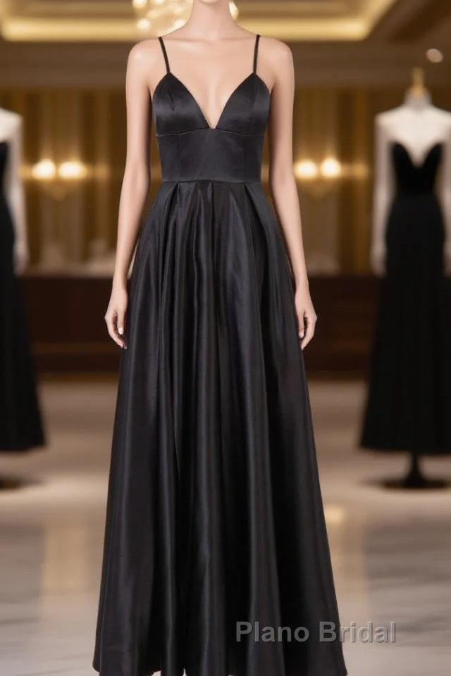 Elegant A Line Satin Spaghetti Straps Long Formal Prom Dresses Main image