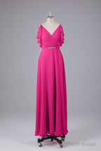 Elegant Chiffon Straps V-Back Long Bridesmaid Dresses