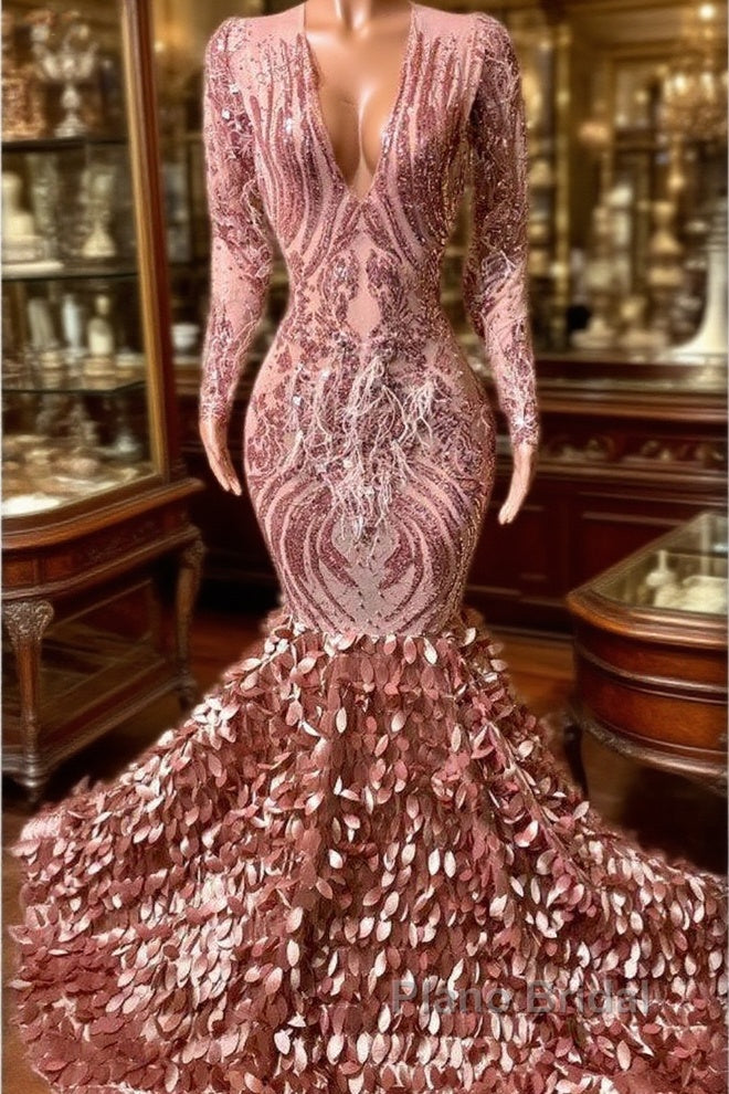 Elegant Long Mermaid V-neck Appliques Lace Formal Prom Dress with Sleeves