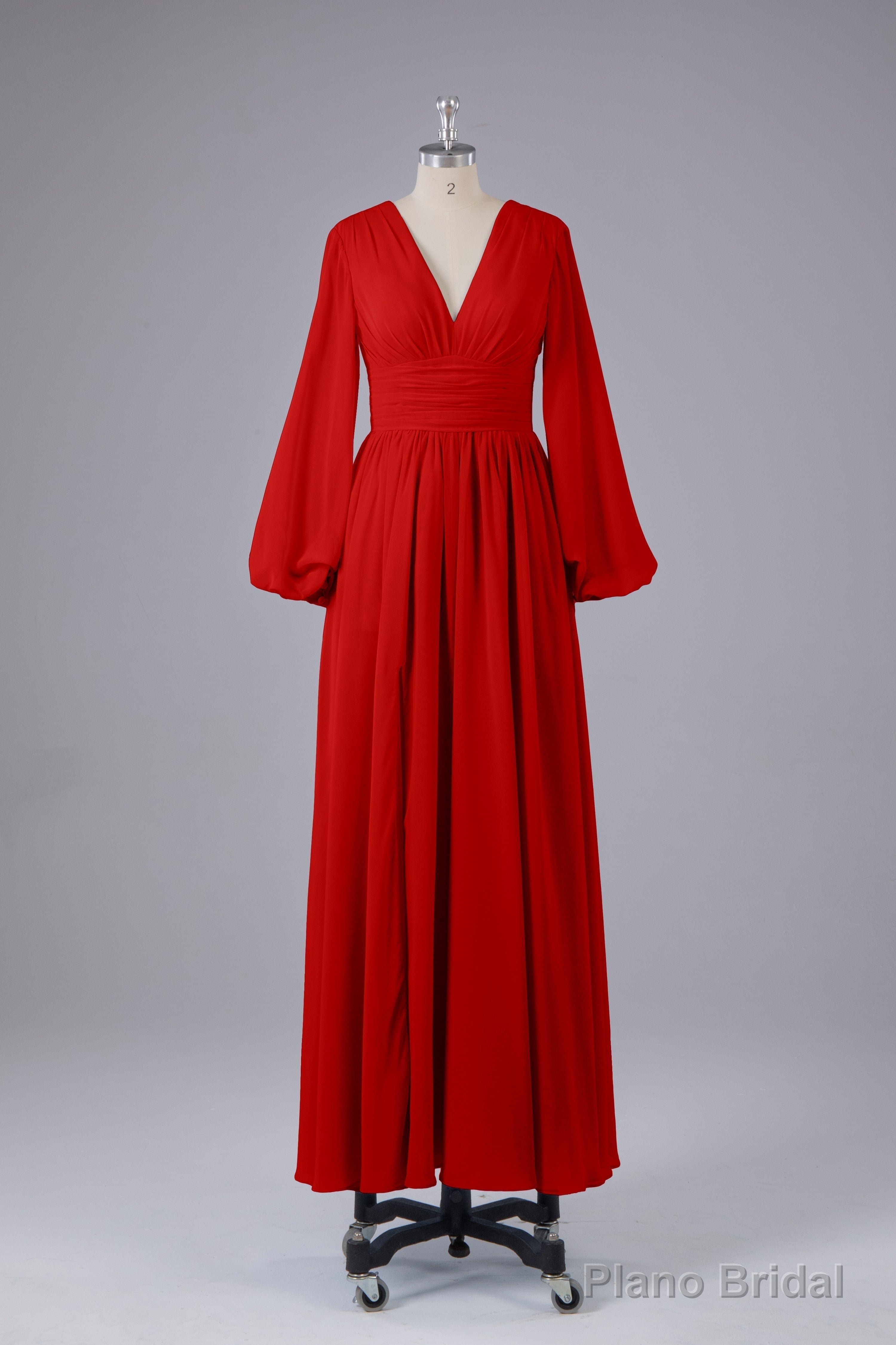 Elegant Long Sleeves V Neck Chiffon Long Bridesmaid Dresses