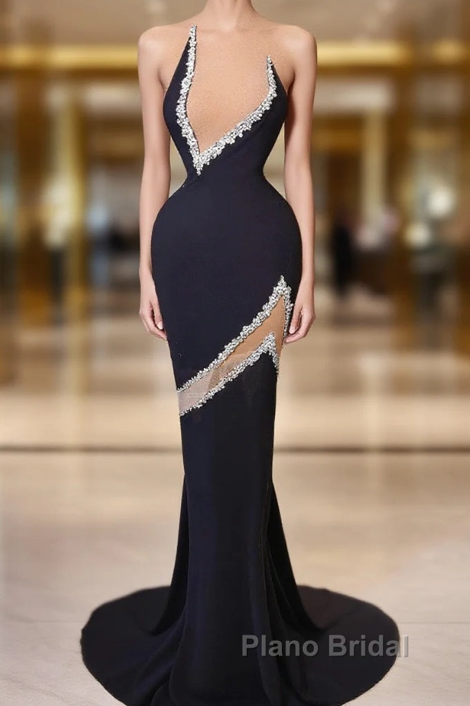 Mermaid V-neck Sleeveless Rhinestone Satin Tulle Formal Prom Dresses